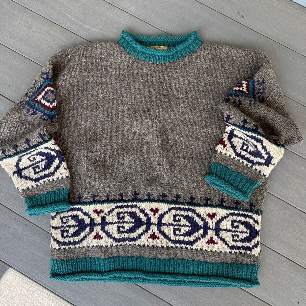 Vintage Woolies New Zealand Wool Blend Chunky Ski Sweater Grey Teal Geometric XL